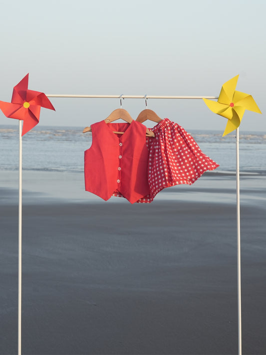 Red checks skirt set