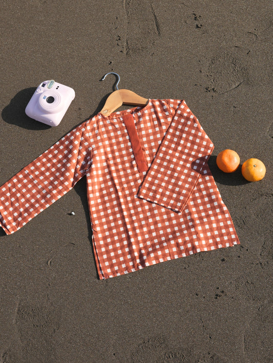 Brown checks short kurta