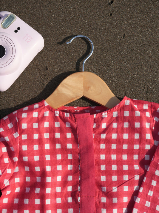 Red checks short kurta