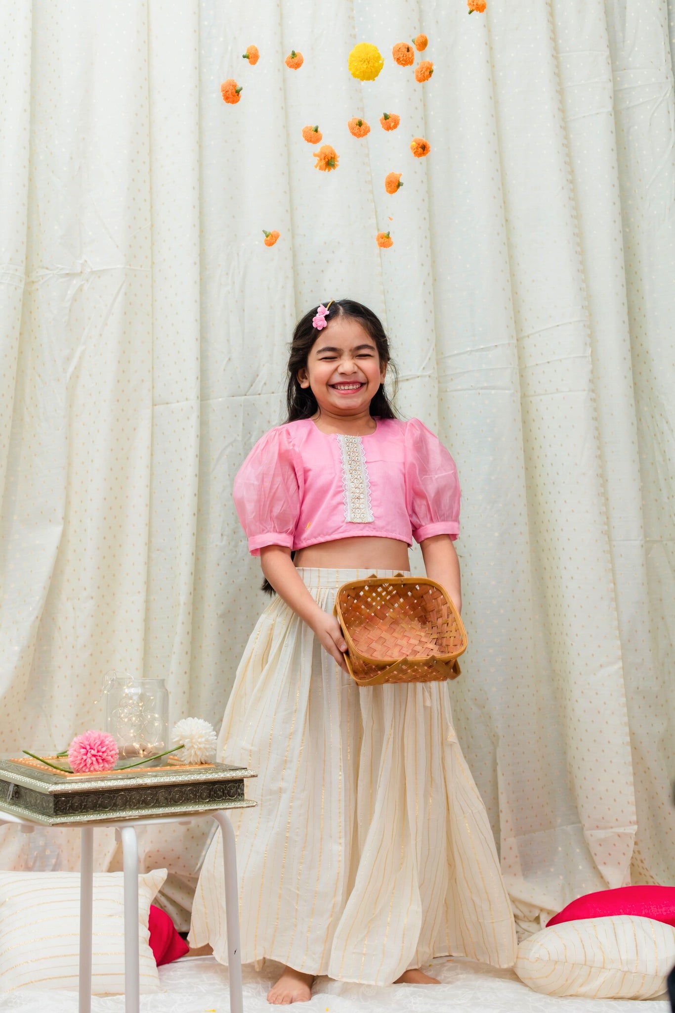 Pink chanderi blouse top and Ivory skirt