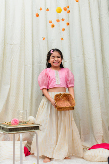 Pink chanderi blouse top and Ivory skirt