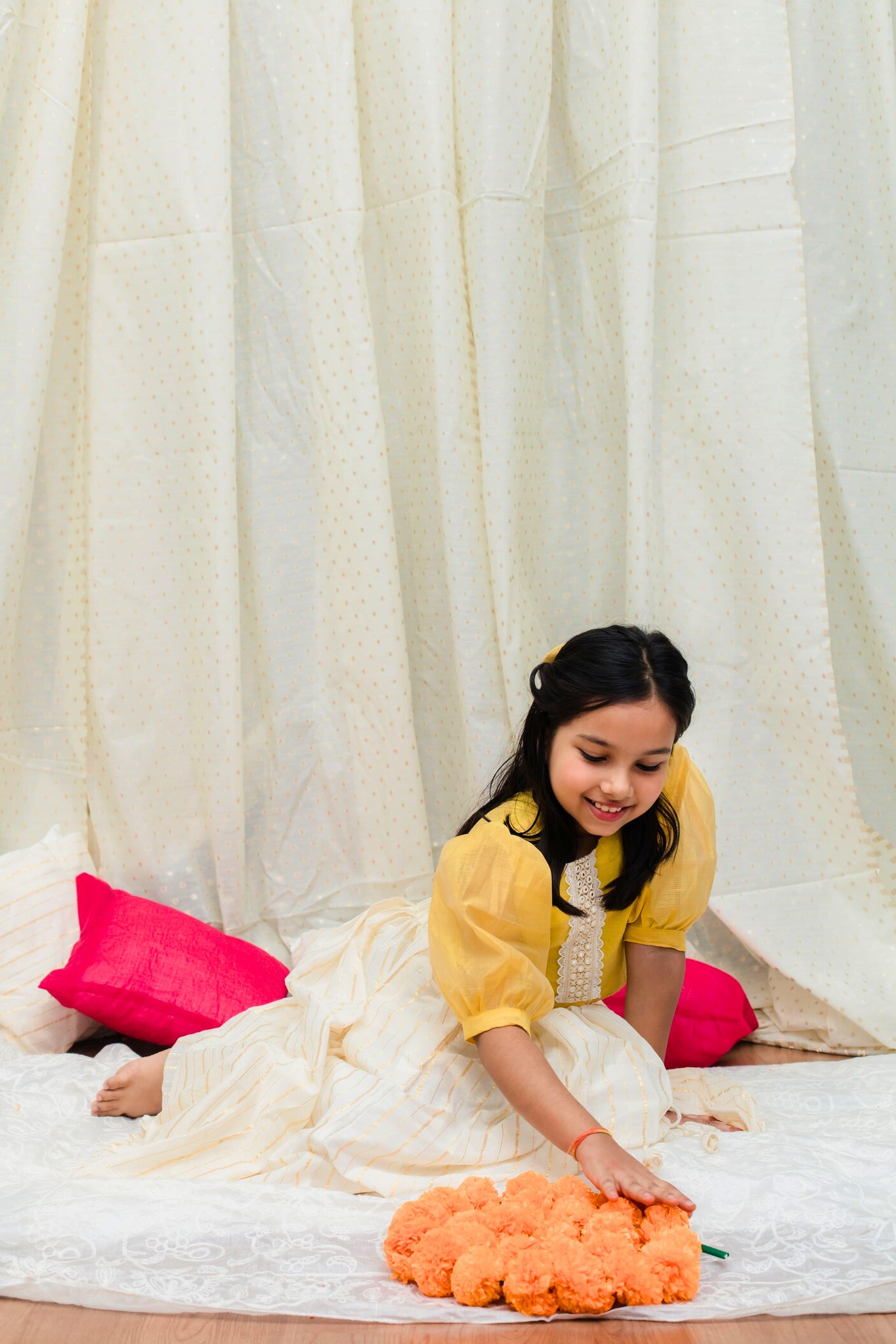 Yellow chanderi blouse top and Ivory skirt