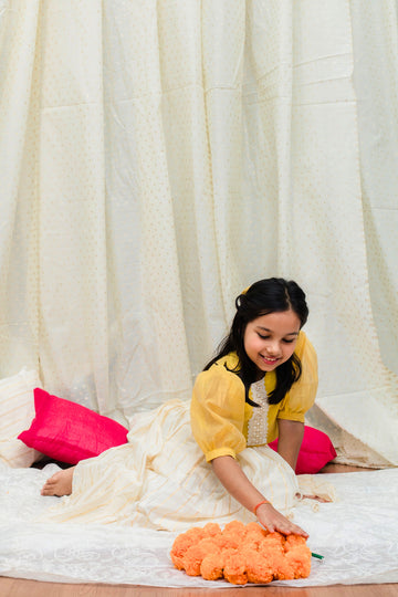 Yellow chanderi blouse top and Ivory skirt