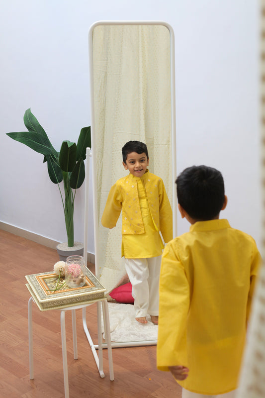 Yellow chanderi jacket style kurta set