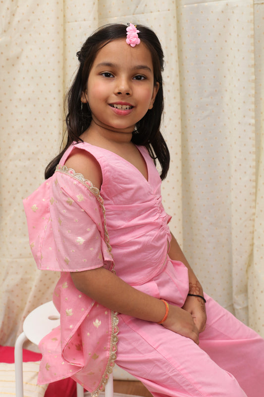 Pink chanderi jacket, top and pant set