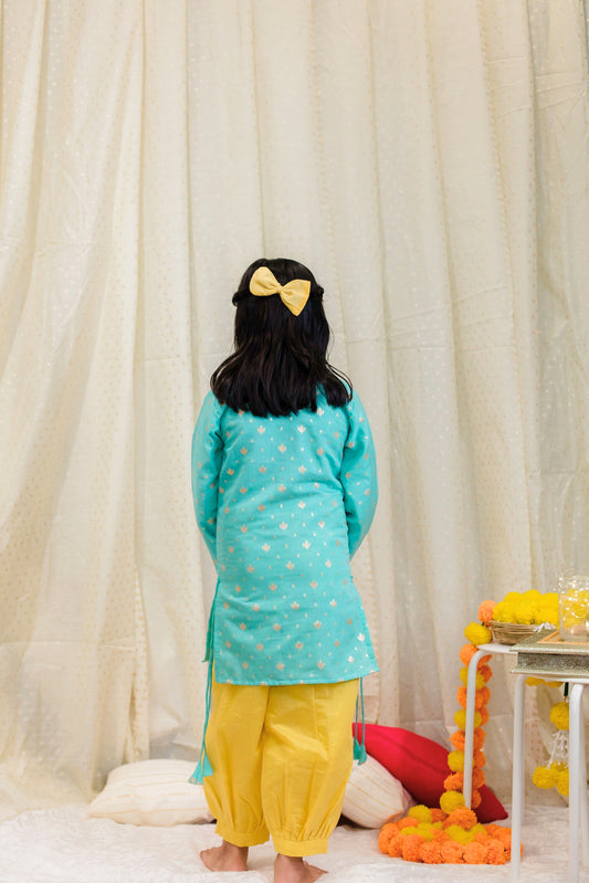 Rama blue chanderi kurta and yellow pant set