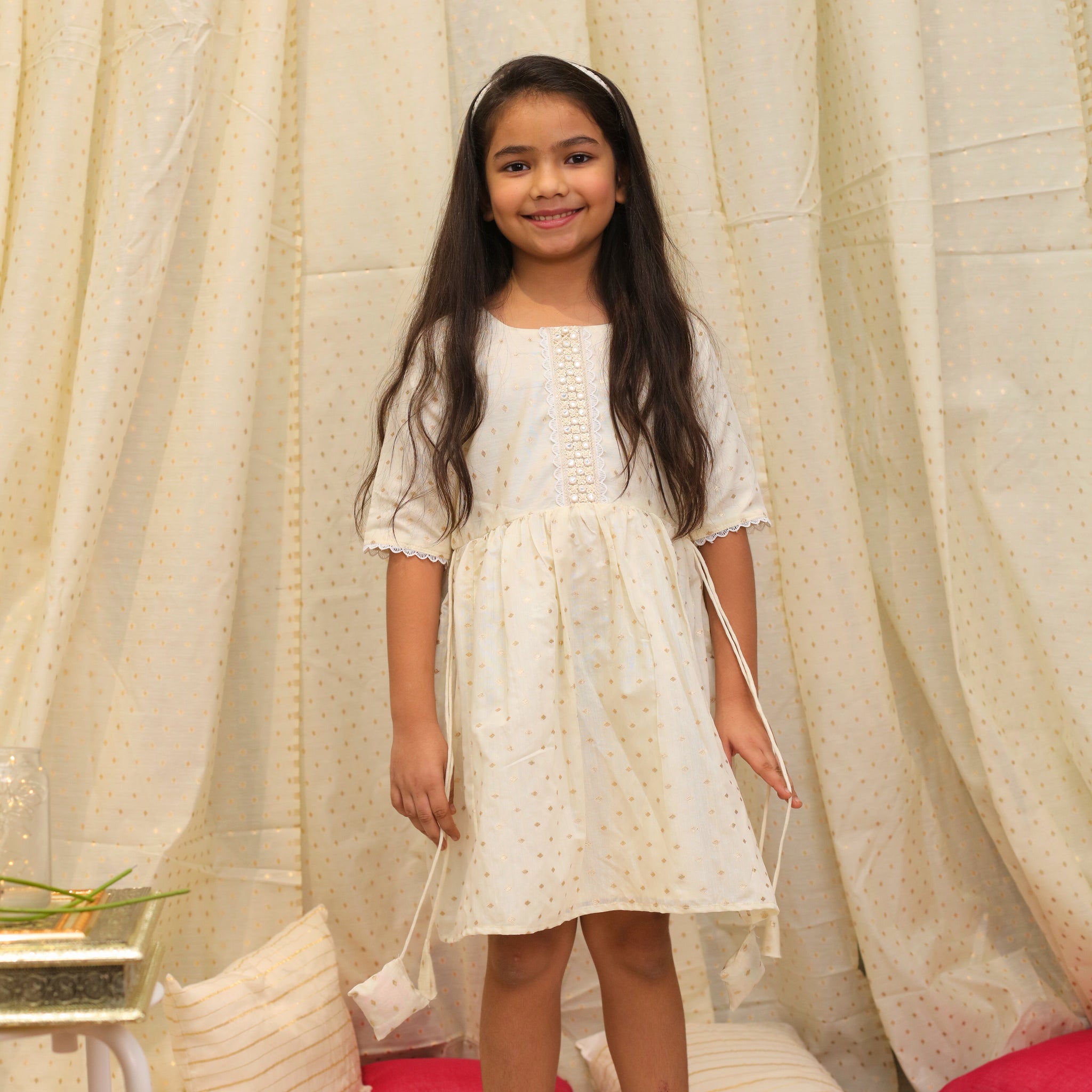 Ivory chanderi butti frock with sleeves