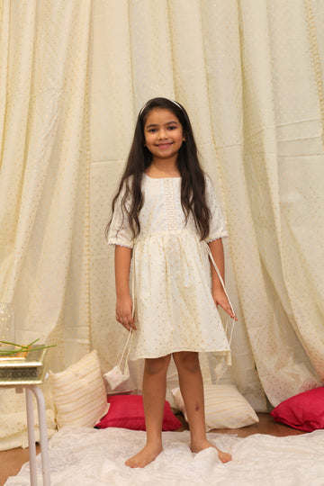 Ivory chanderi butti frock with sleeves