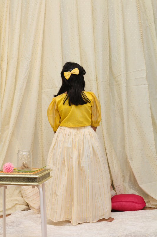Yellow chanderi blouse top and Ivory skirt