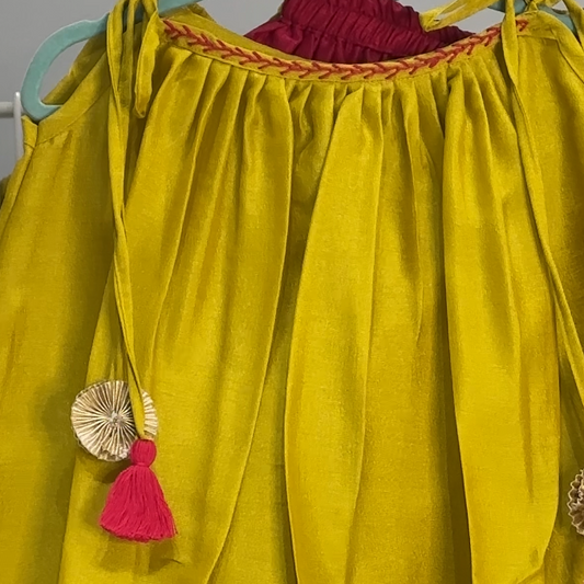 Munsell yellow tie up top & pink flared palazzo pants