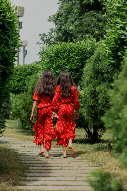 Red Leheriya Printed Top And Sharara Set