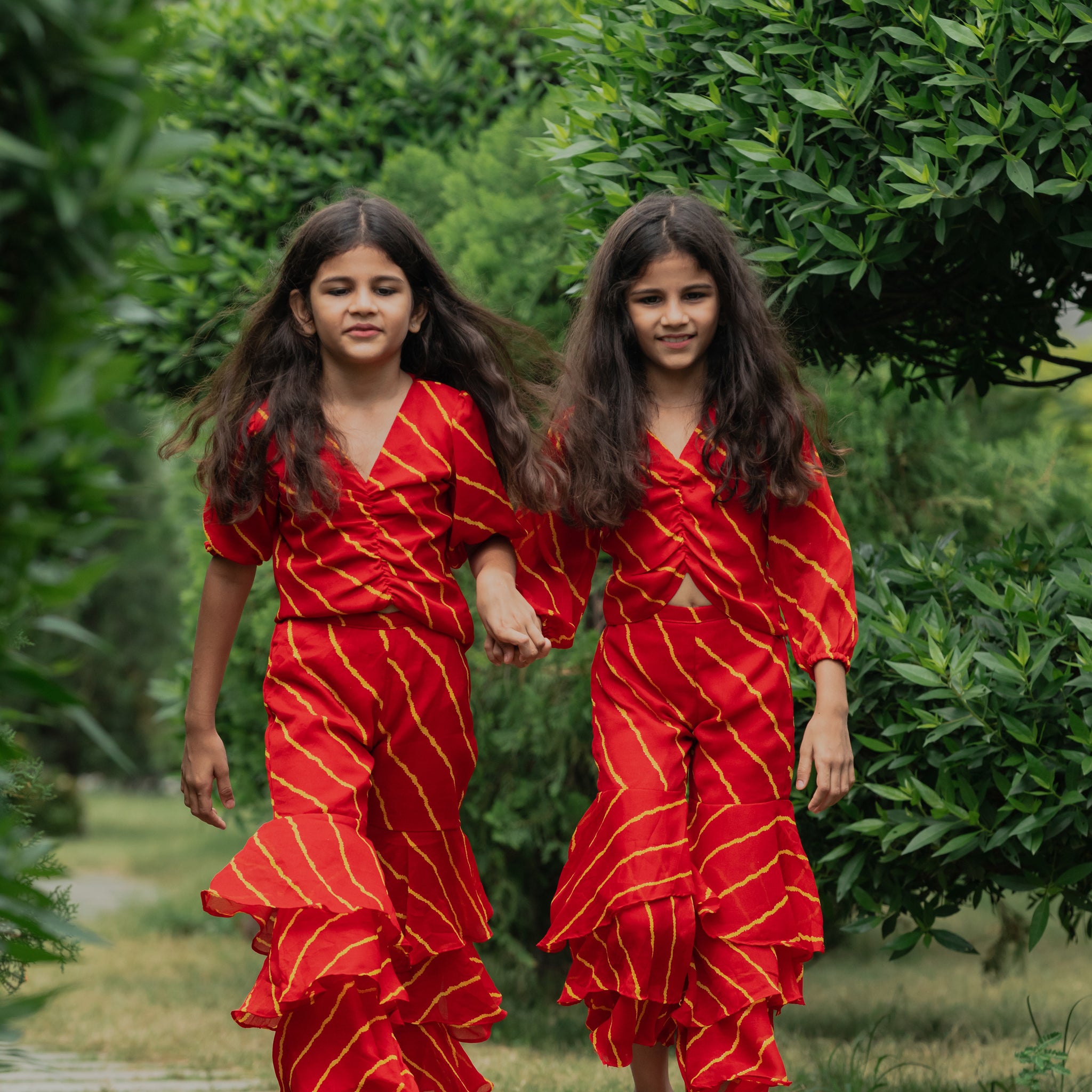 Red Leheriya Printed Top And Sharara Set