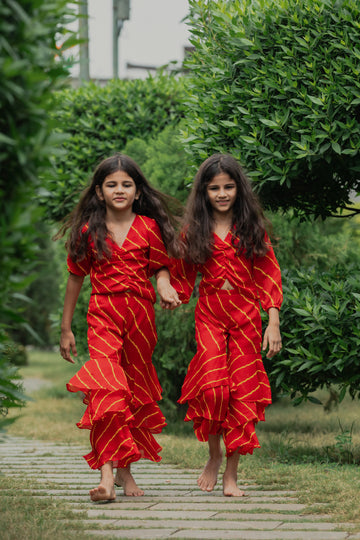 Red Leheriya Printed Top And Sharara Set