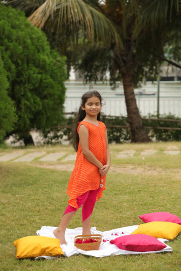Orange Leheriya Printed Sleeves Tunic With Dhoti Pants