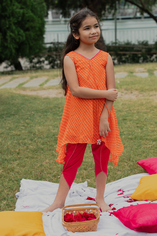 Orange Leheriya Printed Sleeves Tunic With Dhoti Pants
