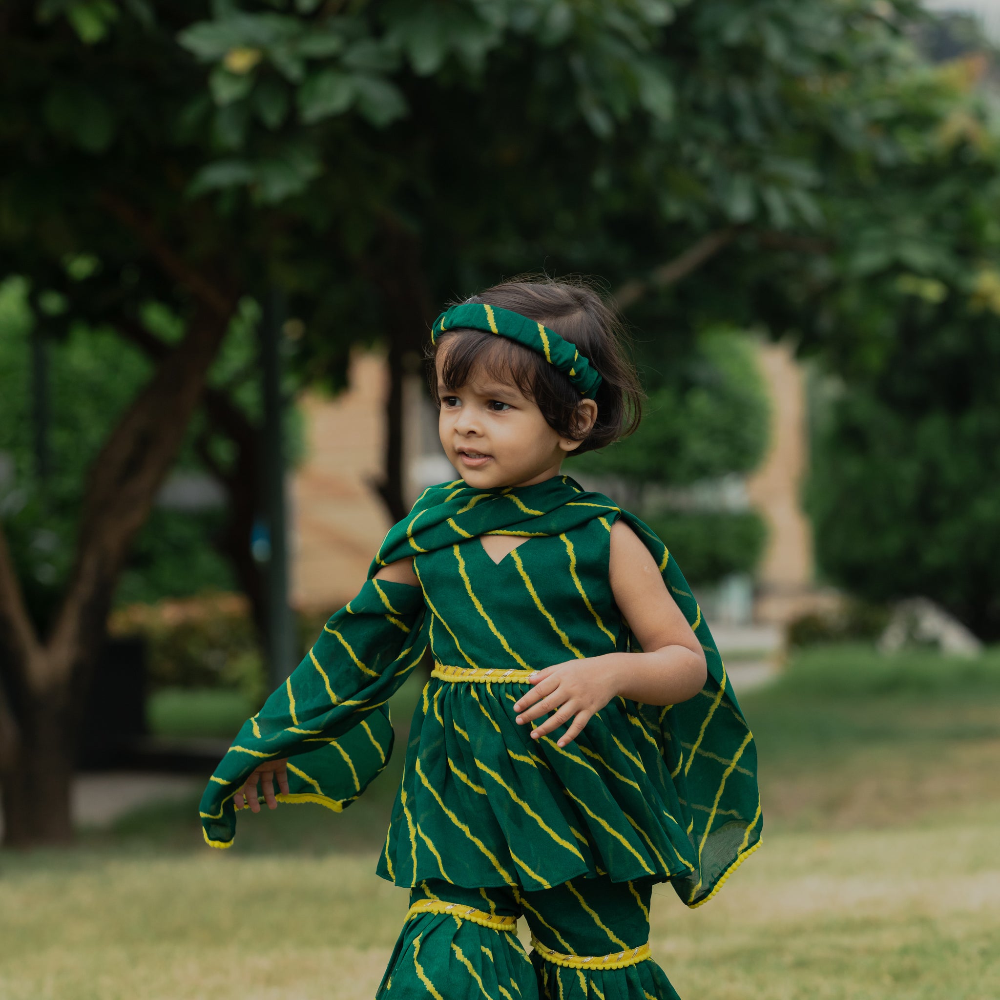 Green Leheriya Printed Peplum Kurta, Sharara And Dupatta Set