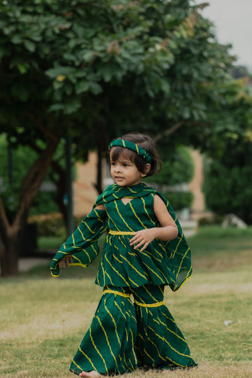 Green Leheriya Printed Peplum Kurta, Sharara And Dupatta Set