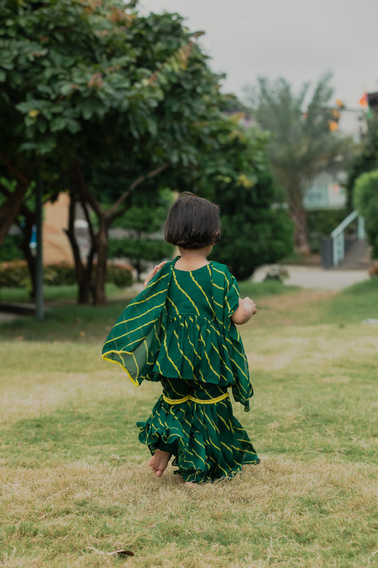Green Leheriya Printed Peplum Kurta, Sharara And Dupatta Set