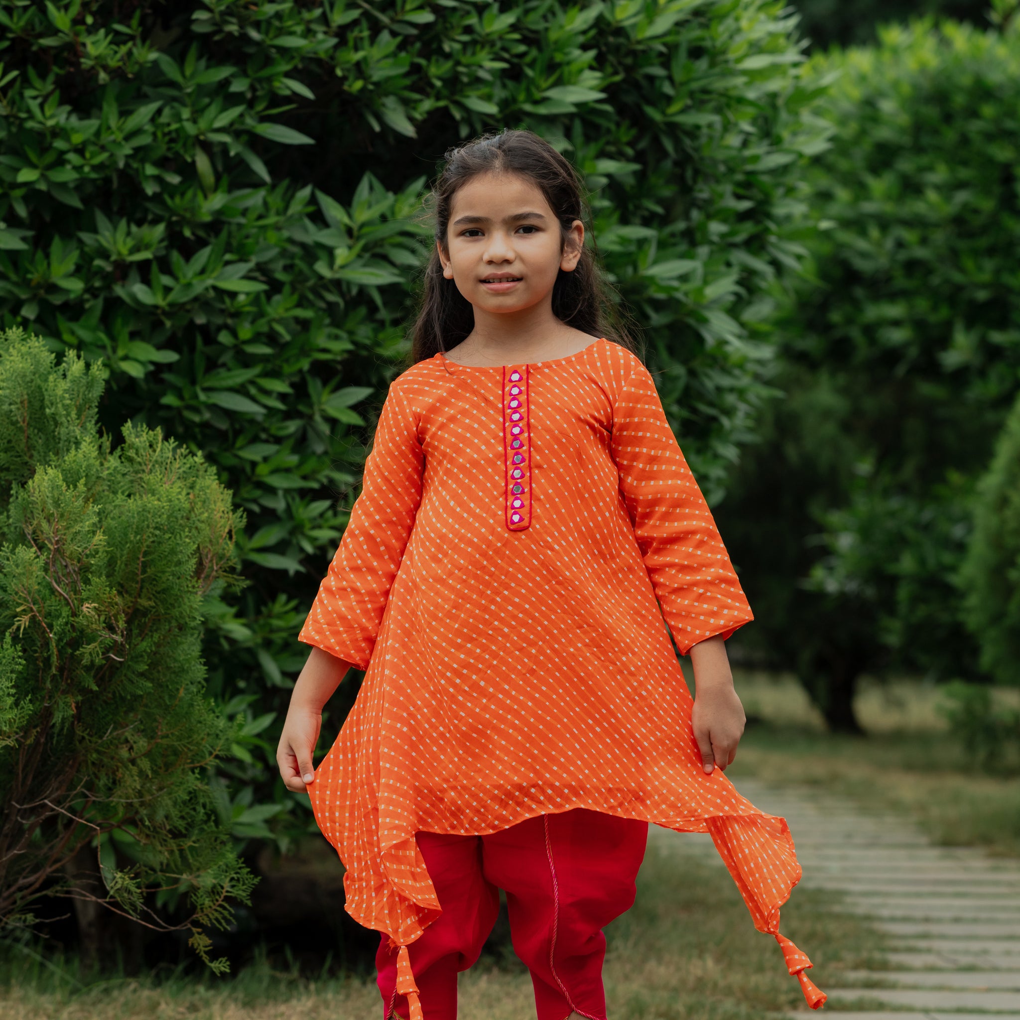 Orange Leheriya Printed Mirror Work Tunic With Dhoti Pants