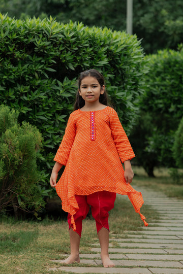Orange Leheriya Printed Mirror Work Tunic With Dhoti Pants