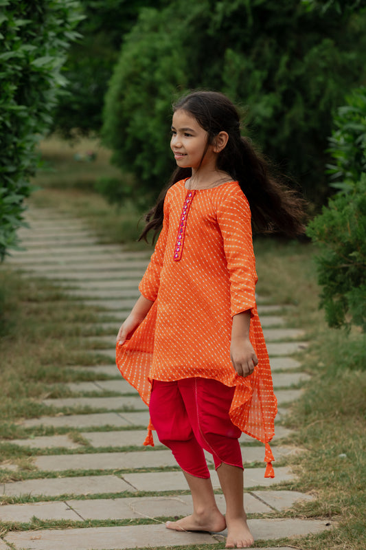 Orange Leheriya Printed Mirror Work Tunic With Dhoti Pants
