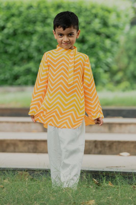 Yellow Orange Waves Printed Side Collared Neck Kurta And Off White Pants