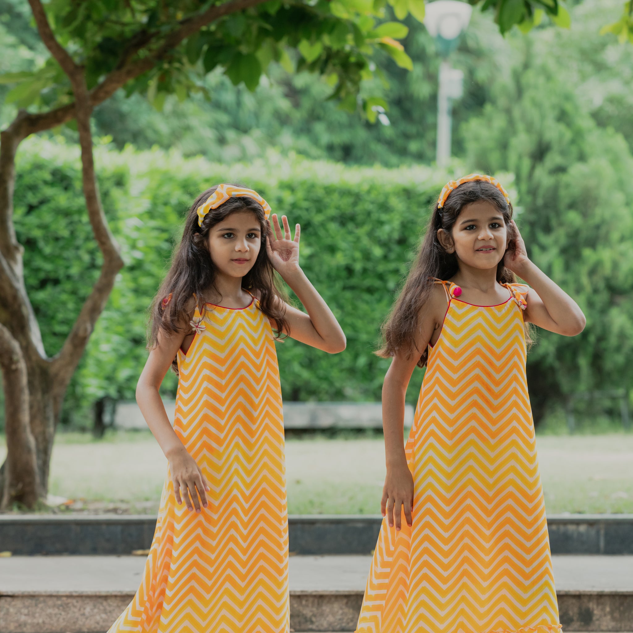 Orange - Yellow Printed Waves Flared Dress