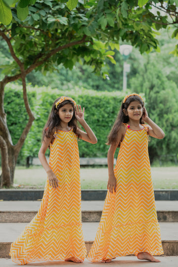 Orange - Yellow Printed Waves Flared Dress