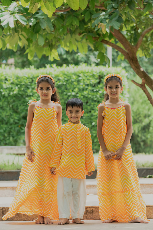Orange - Yellow Printed Waves Flared Dress