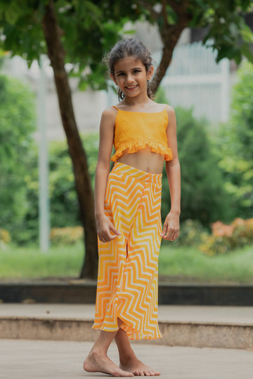 Kesari Top And Orange - Yellow Printed Waves Flared Pants
