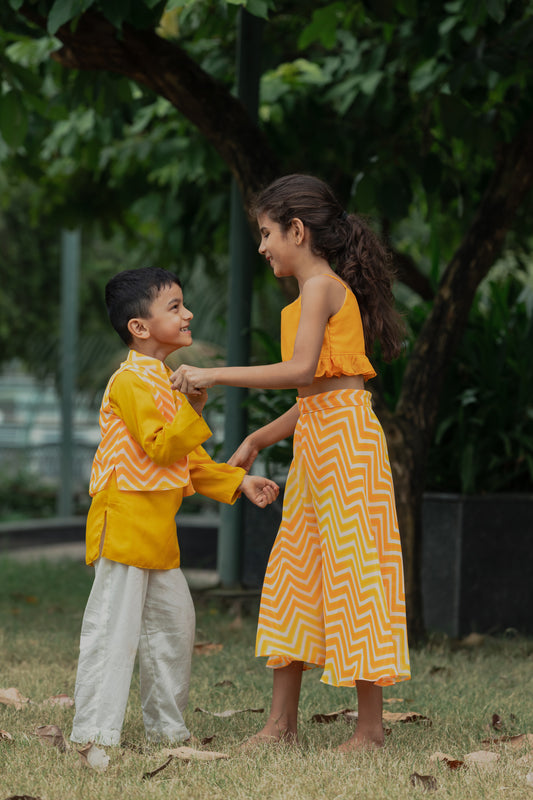 Yellow Collared Neck Kurta With Waves Printed Jacket And Off White Pants