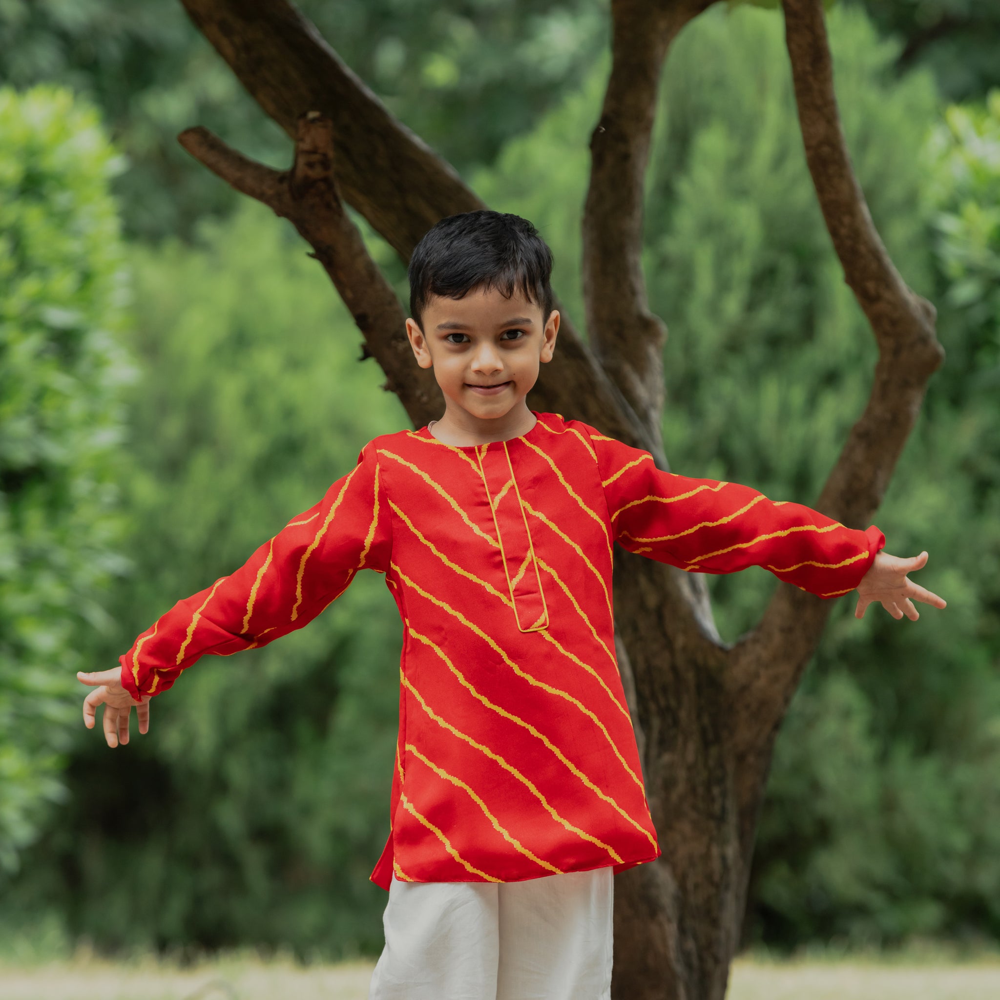 Red Leheriya Printed Round Neck Kurta And Off White Pants