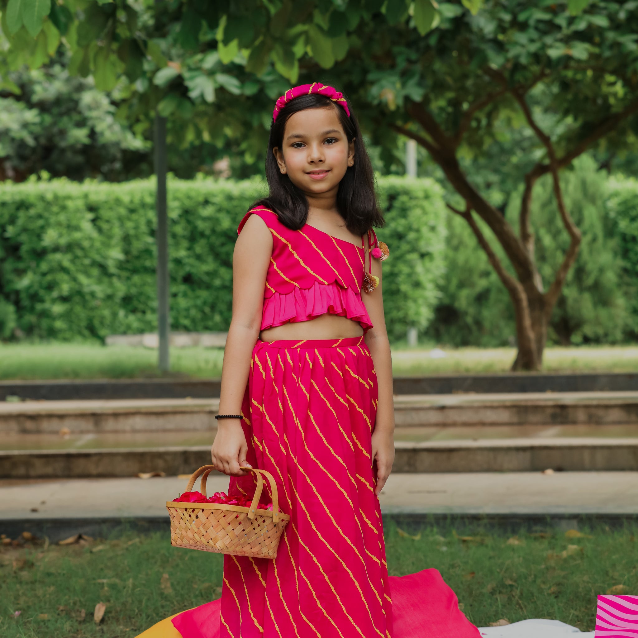 Pink Leheriya Printed One Shoulder Top And Skirt Set