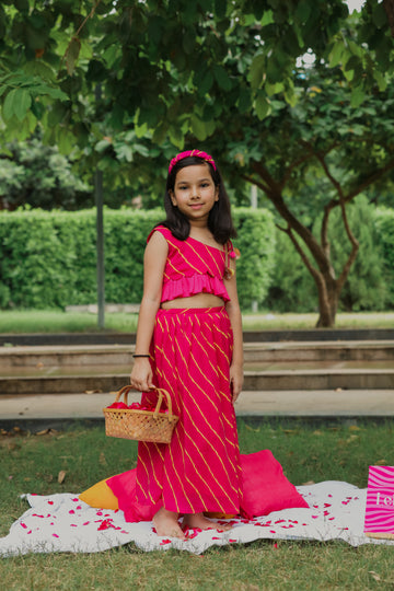 Pink Leheriya Printed One Shoulder Top And Skirt Set