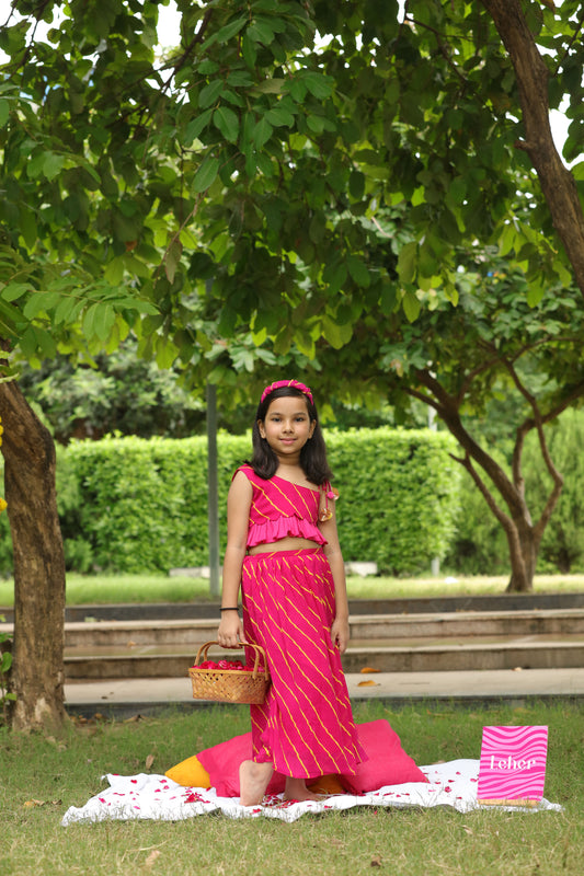 Pink Leheriya Printed One Shoulder Top And Skirt Set