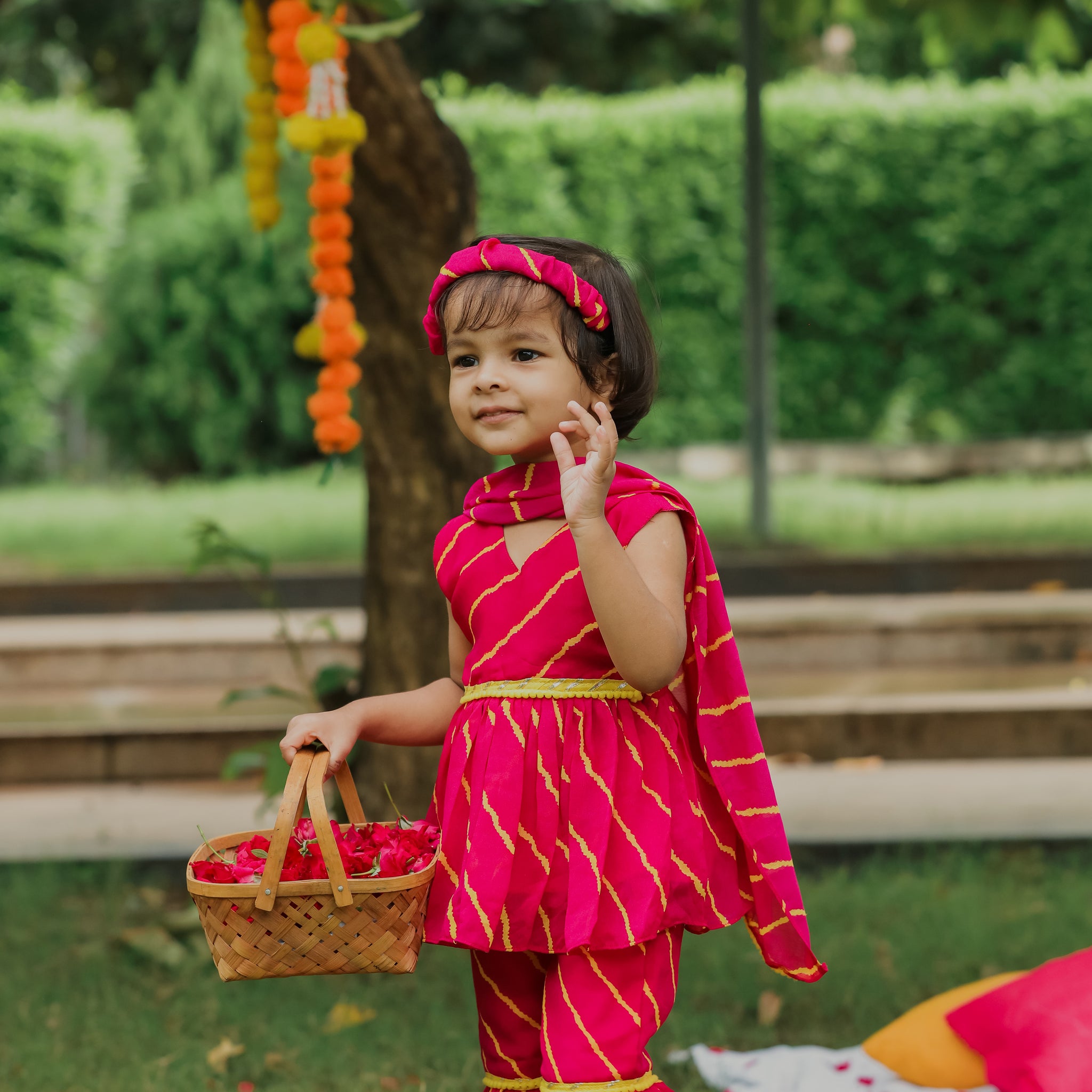 Pink Leheriya Printed Peplum Kurta, Sharara And Dupatta Set