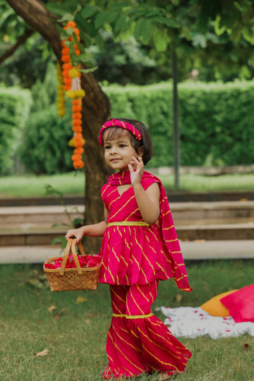 Pink Leheriya Printed Peplum Kurta, Sharara And Dupatta Set