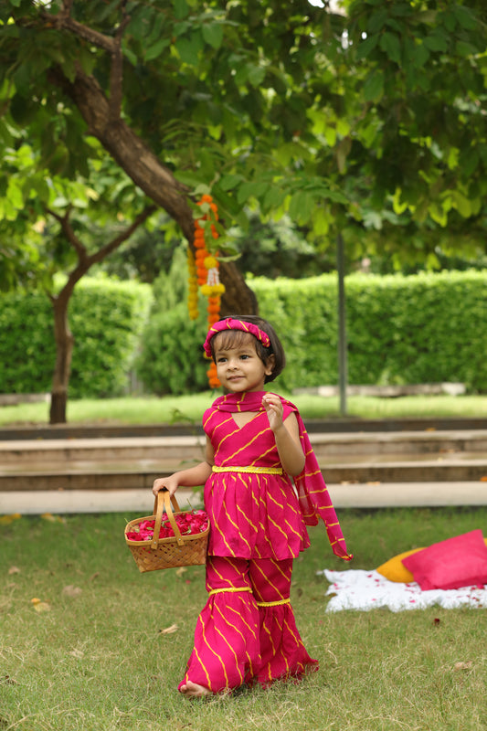 Pink Leheriya Printed Peplum Kurta, Sharara And Dupatta Set