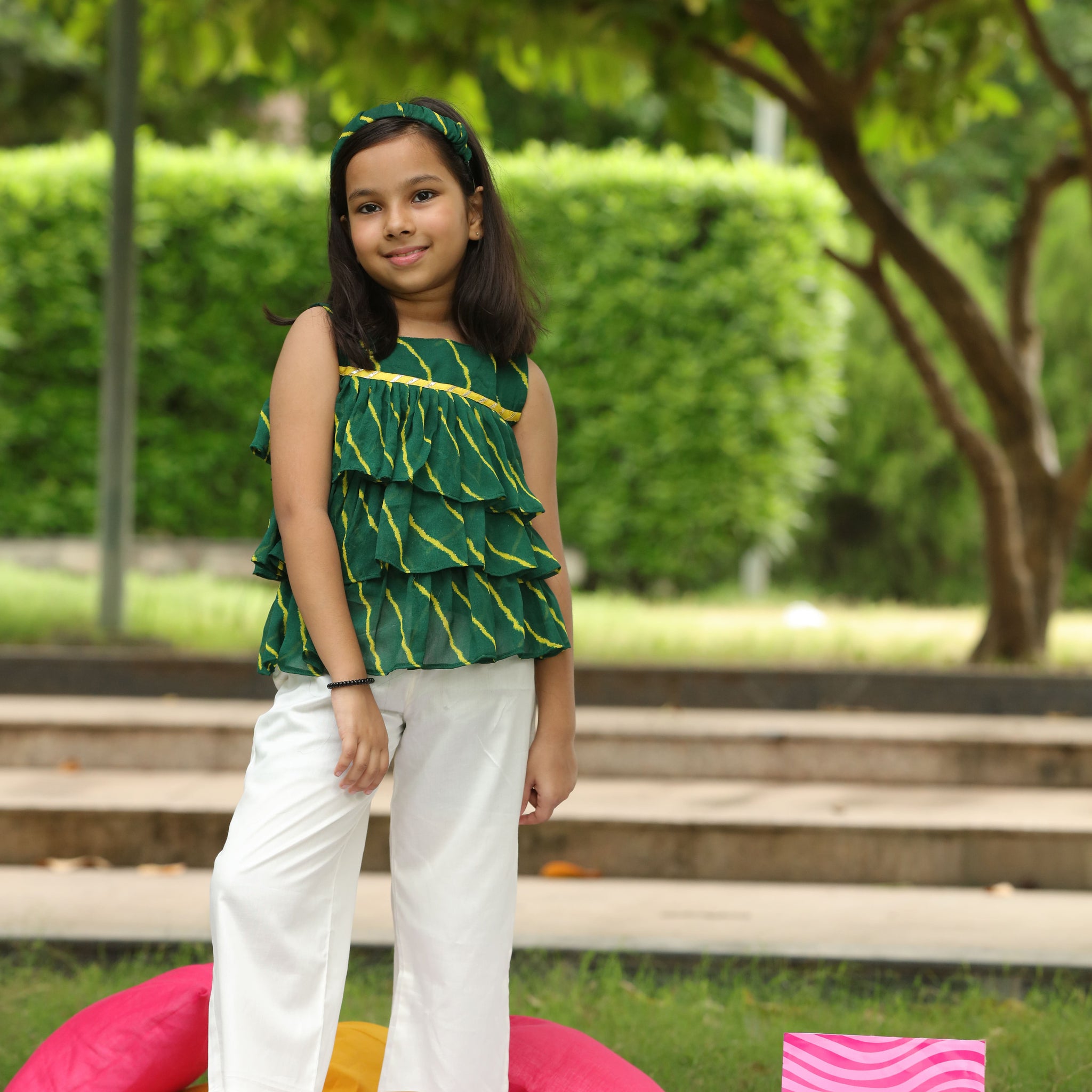 Green Leheriya Printed Frilled Three Tiered Top And Pants