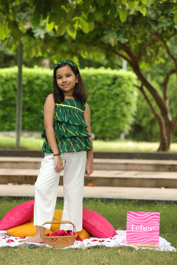 Green Leheriya Printed Frilled Three Tiered Top And Pants