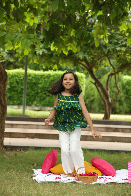 Green Leheriya Printed Frilled Three Tiered Top And Pants