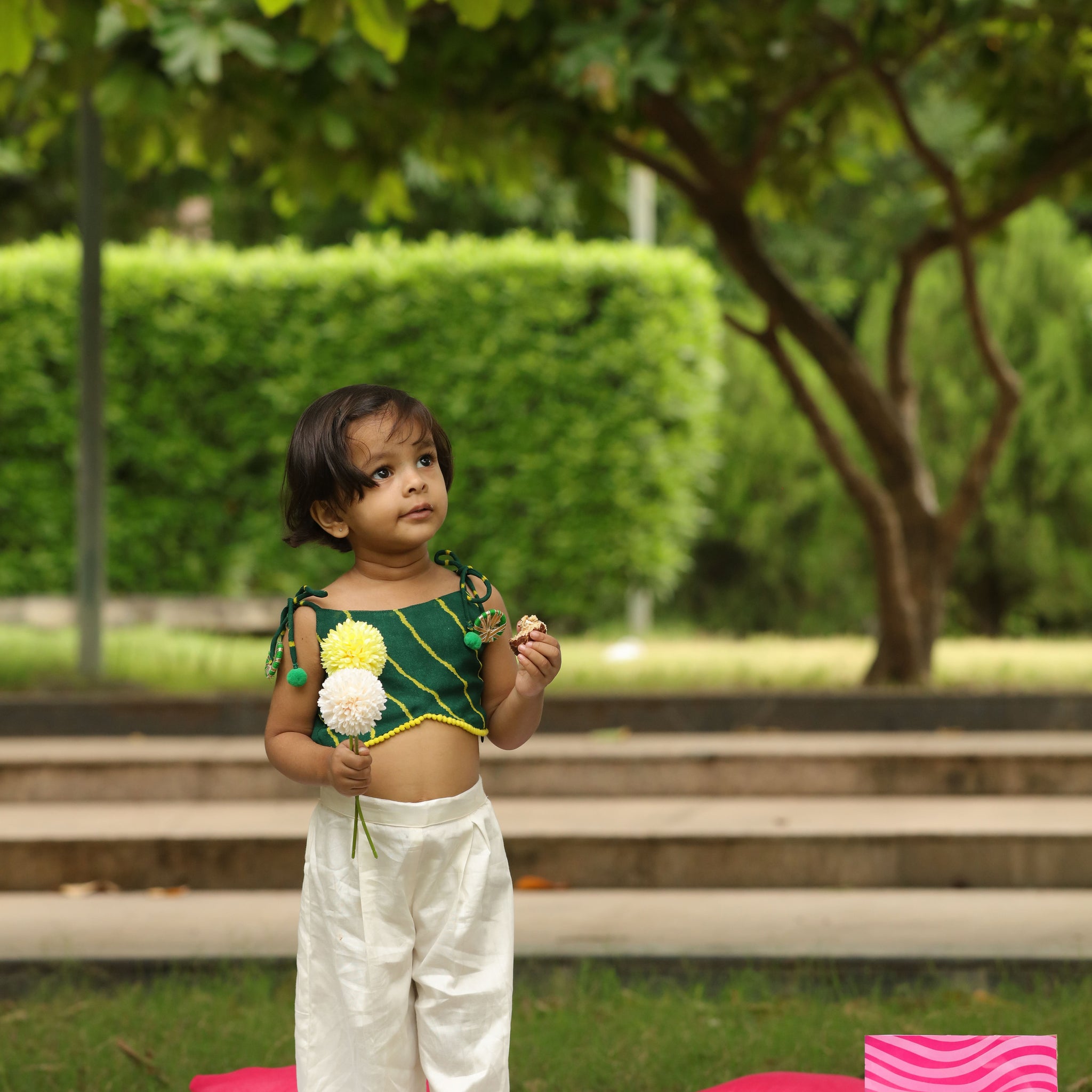 Green Leheriya Printed Tie Up Strap Top And Pleated Flared Pants