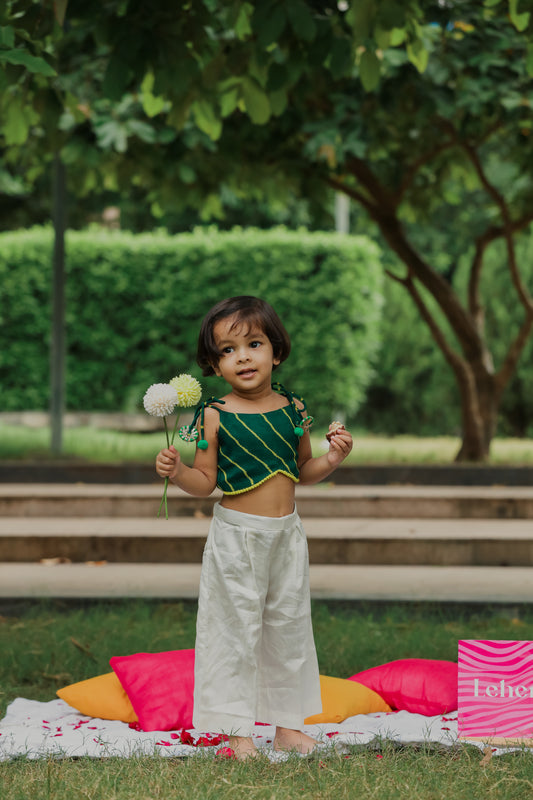 Green Leheriya Printed Tie Up Strap Top And Pleated Flared Pants