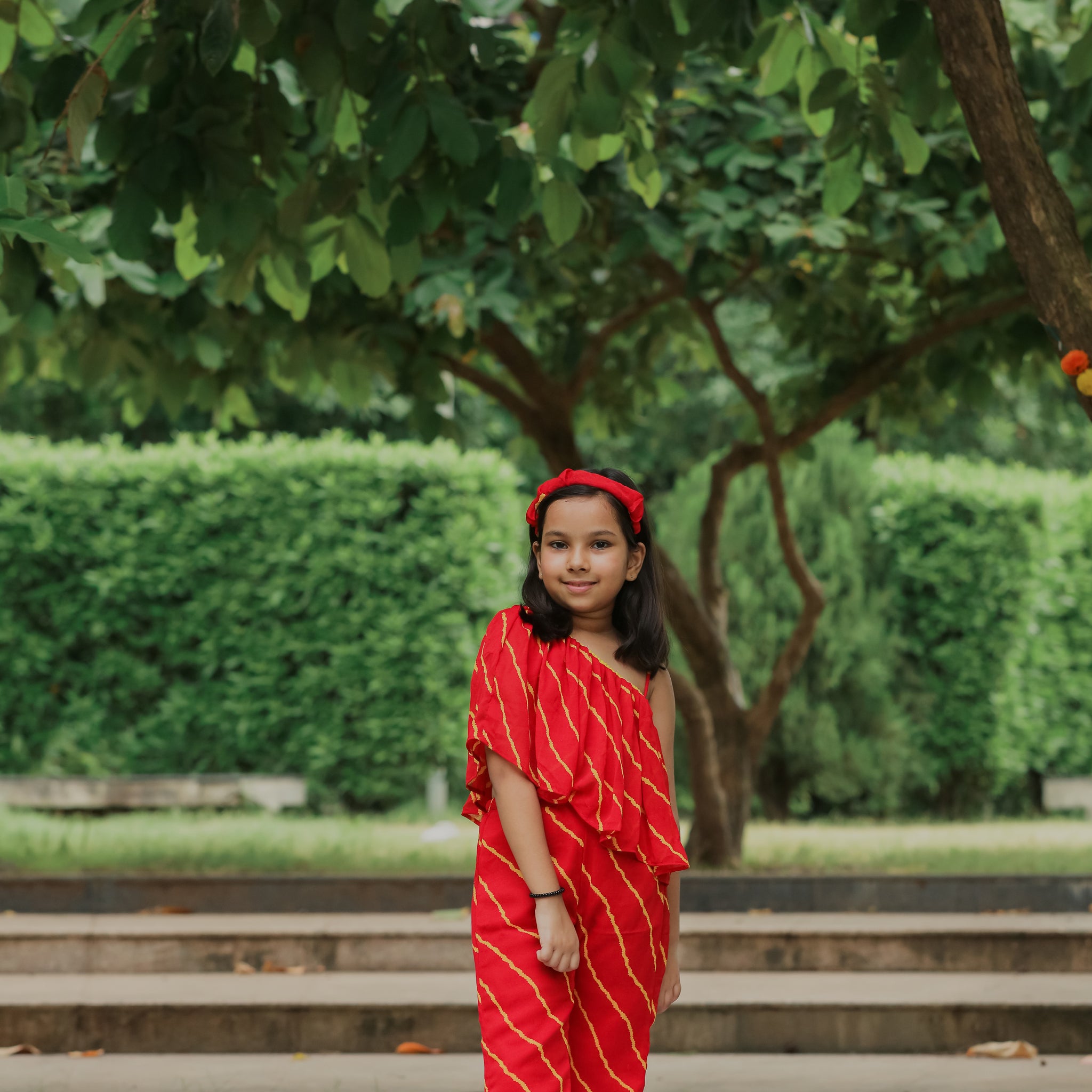 Red Leheriya Printed One Shoulder Top And Flared Pants