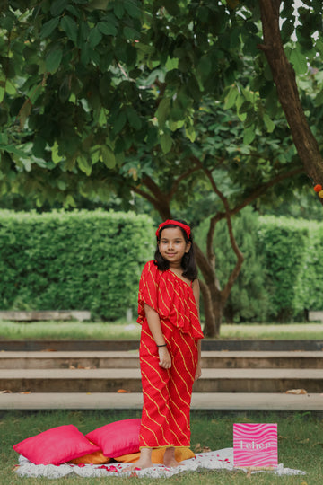 Red Leheriya Printed One Shoulder Top And Flared Pants