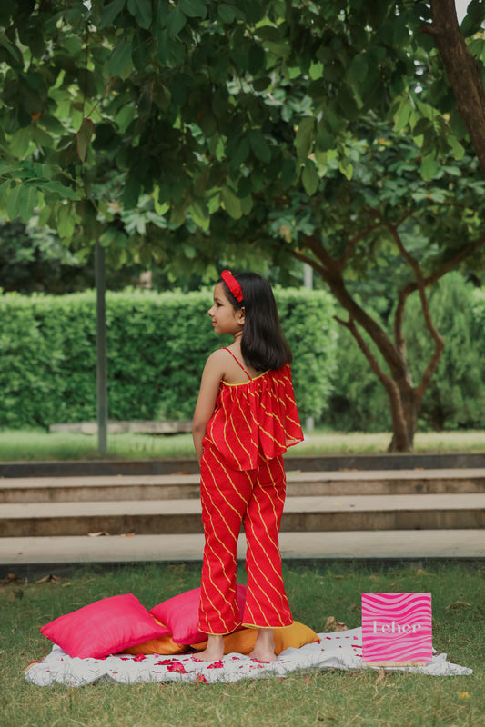 Red Leheriya Printed One Shoulder Top And Flared Pants