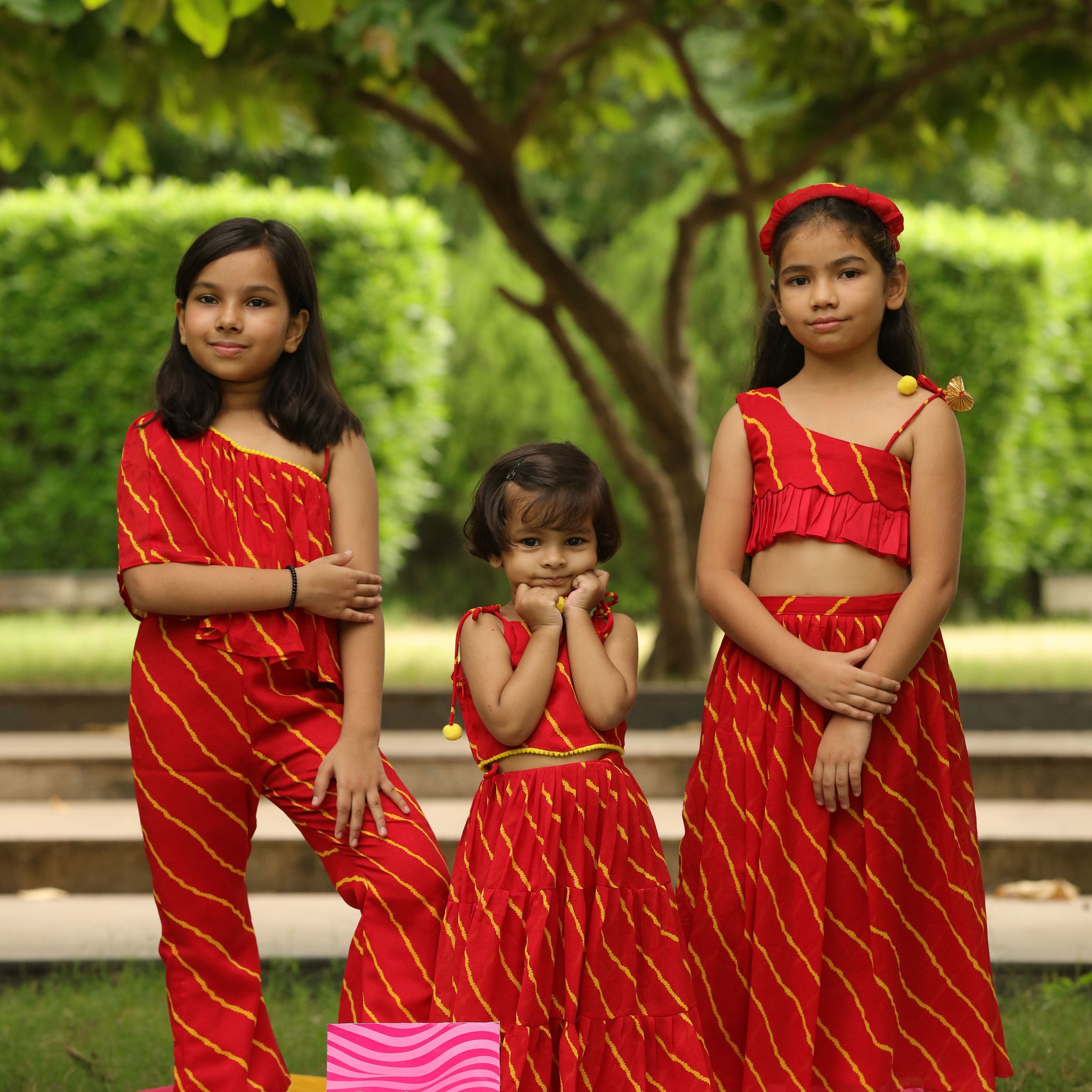 Red Leheriya Printed Top And Three Tiered Skirt