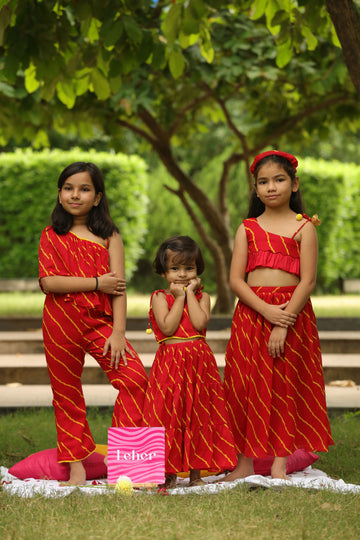 Red Leheriya Printed Top And Three Tiered Skirt