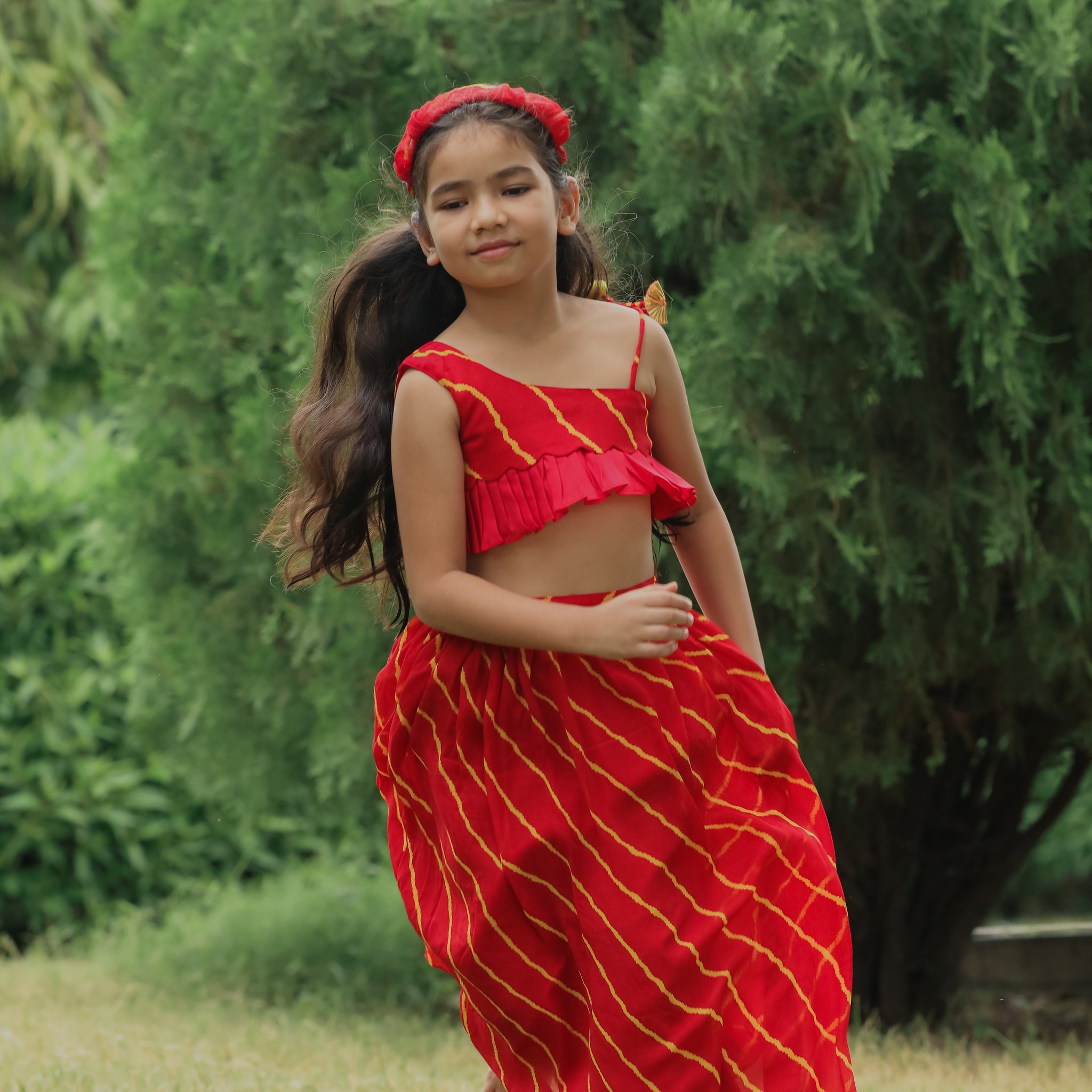 Red Leheriya Printed One Shoulder Top And Skirt Set