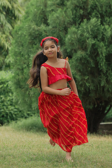 Red Leheriya Printed One Shoulder Top And Skirt Set